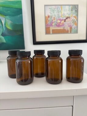 Set of 5 Amber Glass Apothecary Jars with Black Plastic Lids